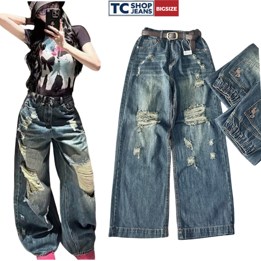 Quần jean suông rách lưng chun thêu ngựa vằn TC SHOP JEANS bigsize 55-90kg chất jean cotton MS 606