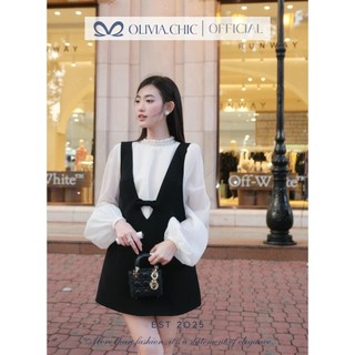  Set Váy Công Sở OLIVIA.CHIC Áo Chất Tơ Xốp Cổ Lọ Đính Đá Phối Yếm Mango Dán Suông Phối Nơ Ngực S587 