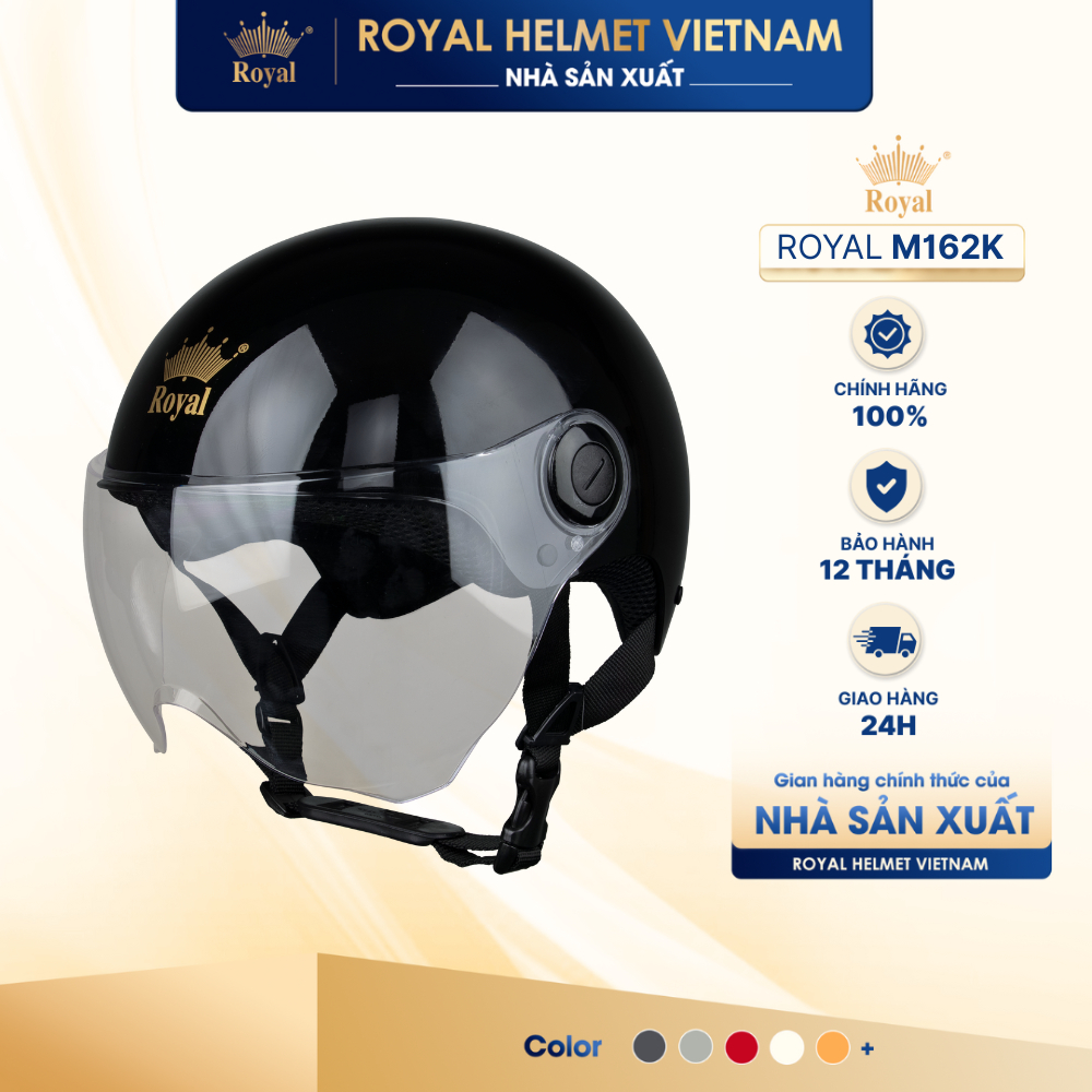 [NHÀ SẢN XUẤT] [ĐEN BÓNG] Mũ Bảo Hiểm Nửa Đầu Royal M162 Kính Trắng, M162K Nam Nữ An Toàn Chính Hãng