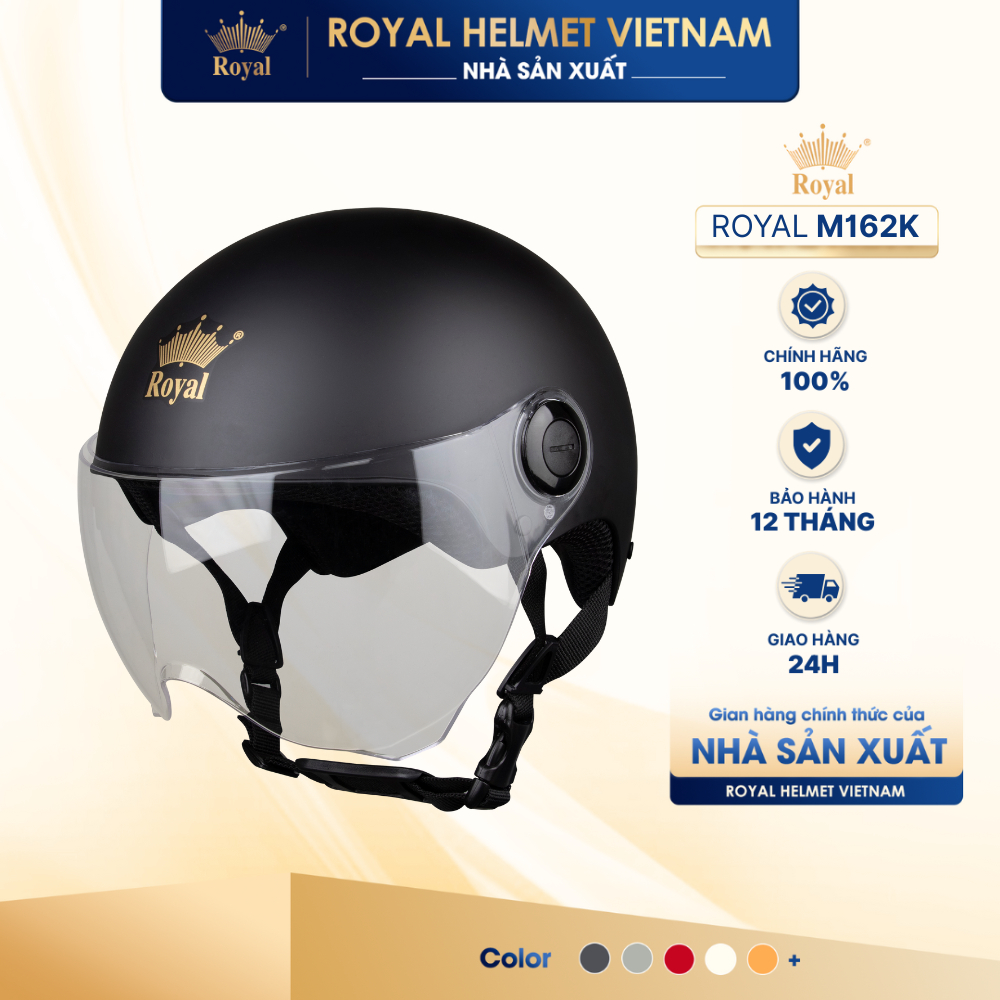 [NHÀ SẢN XUẤT] [ĐEN MỜ] Mũ Bảo Hiểm Nửa Đầu Royal M162 Kính Trắng, M162K Cho Nam Nữ Chính Hãng