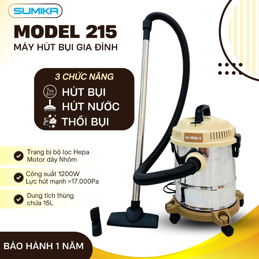 Máy hút bụi đa năng SUMIKA 215, công suất 1200W, thùng chứa 15L, hút bụi, hút nước và thổi bụi