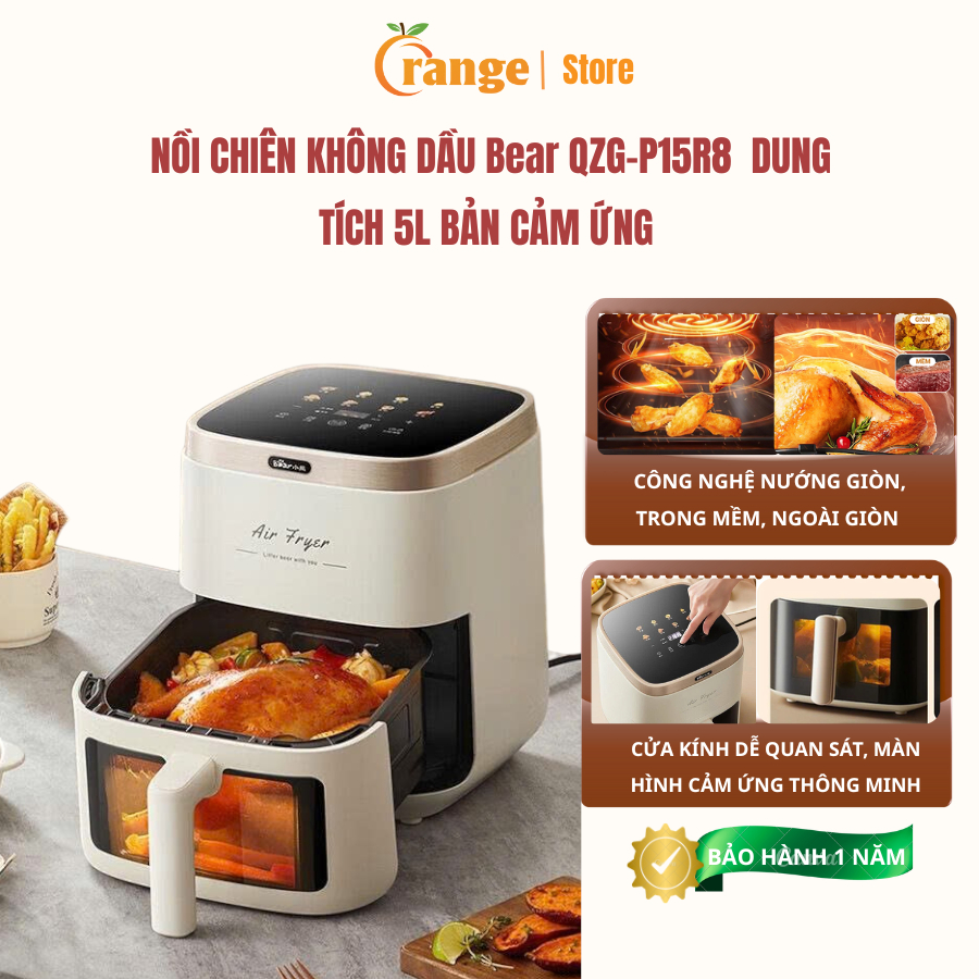 Nồi chiên không dầu BEAR QZG-P15R8, Dung tích 5L, Cửa nhìn trong suốt, Màn hình cảm ứng thông minh,,