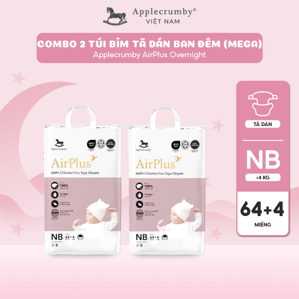 [COMBO 2 túi] Bỉm tã dán đêm Applecrumby Airplus Overnight Tape NB–XL êm mềm, thoáng khí cho bé