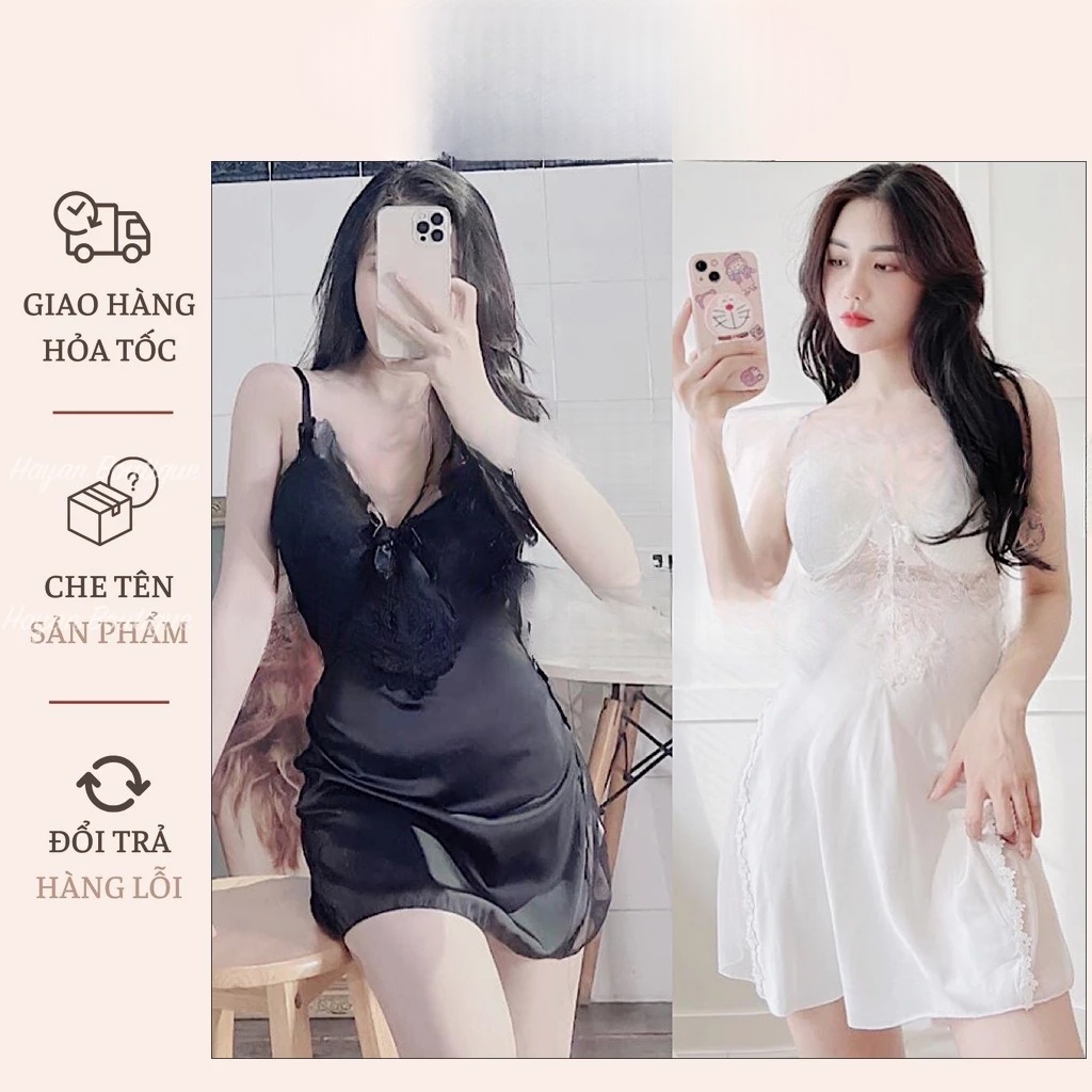 [Peinn] Váy ngủ sexy phối ren triết eo có GỌNG kèm ĐỆM LÓT, đồ ngủ lụa hở lưng gợi cảm - HT181