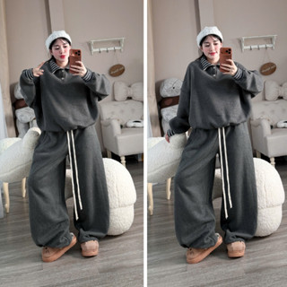  Sét bộ áo nỉ phối cổ polo kẻ kèm quần suông dài màu xám chì cho nữ freesize form rộng mặc thu đông ấm áp 