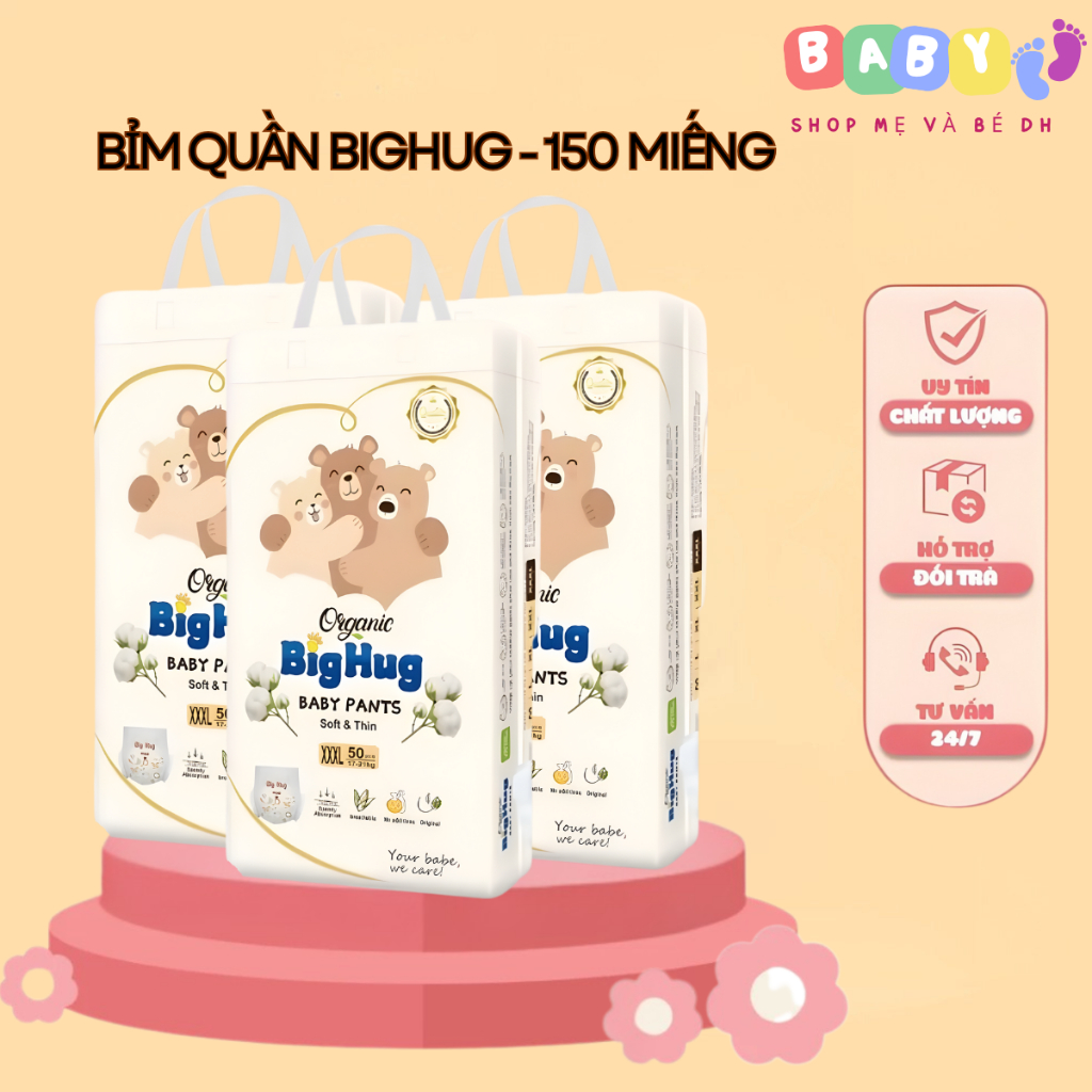 Combo 150 miếng bỉm quần BigHug - Form bo mông chống tràn - Đủ size cho bé từ M đến 3XL bỉm quần