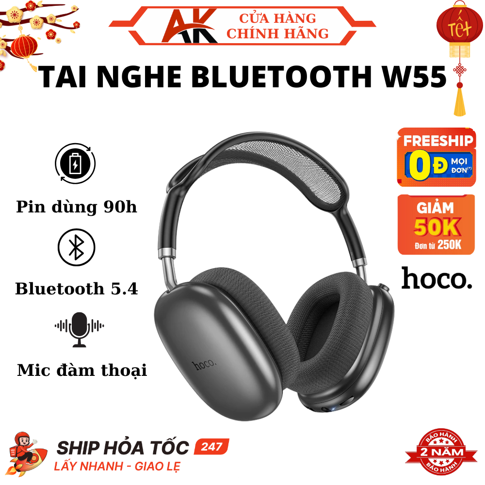 Tai Nghe Chụp Tai Hoco W55 Bluetooth V5.4, Pin Sử Dụng 90h, Có Mic, Hỗ Trợ Thẻ Nhớ, BH 2 Năm