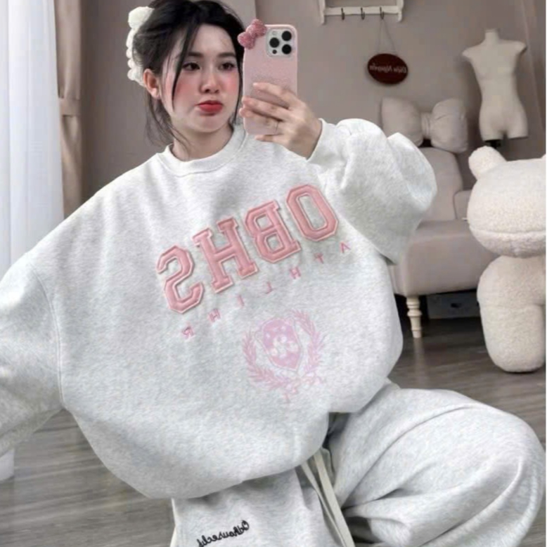 Đồ bộ nữ mùa đông,Đồ bộ nỉ giữ ấm bộ áo cổ tròn chần chữ nổi mix quần dài K20