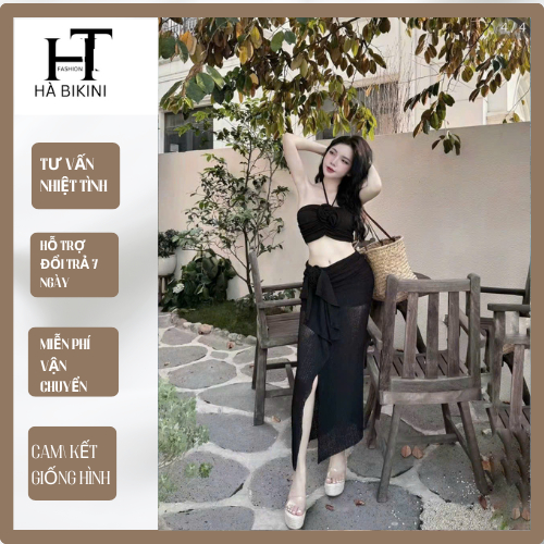 Bikini đồ bơi đi biển hai mảnh áo cổ yếm PHỐI HOA mix chân váy xẻ tà sang chảnh | BigBuy360 - bigbuy360.vn