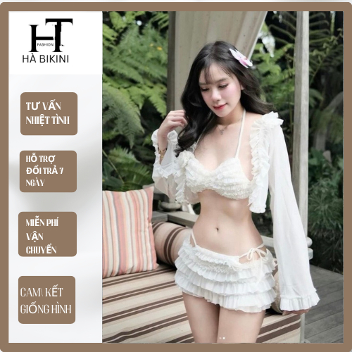 Ms 052 Bikini đồ bơi đi biển 4 món BÈO TẦNG đính hoa, chất lưới tiểu thư mềm sang chảnh HÀ BIKiNI
