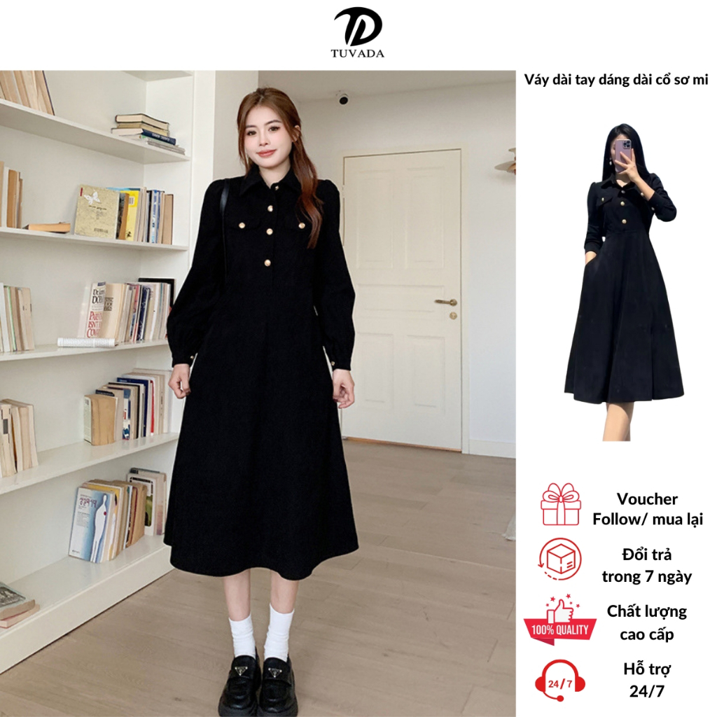 Váy dài tay dáng dài mùa đông cổ polo Tuvada, XẢ 25K đầm dài sang chảnh nhung tăm cúc vàng - VND140