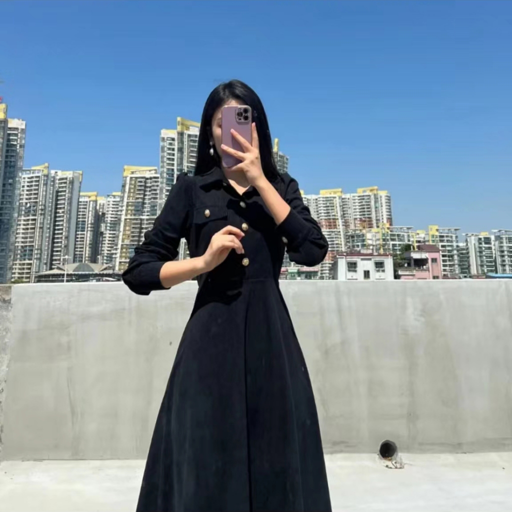 Váy dài tay dáng dài mùa đông cổ polo Tuvada, XẢ 25K đầm dài sang chảnh nhung tăm cúc vàng - VND140 | BigBuy360 - bigbuy360.vn