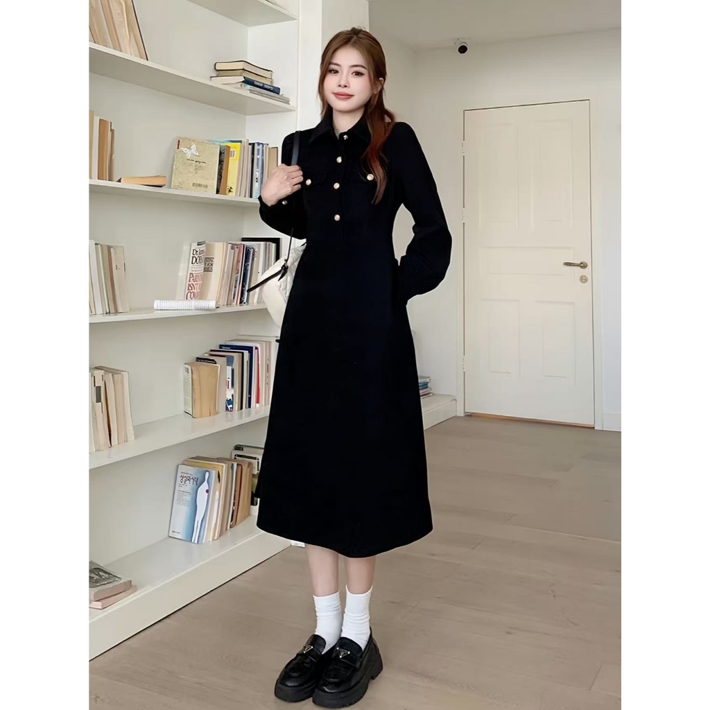 Váy dài tay dáng dài mùa đông cổ polo Tuvada, XẢ 25K đầm dài sang chảnh nhung tăm cúc vàng - VND140 | BigBuy360 - bigbuy360.vn