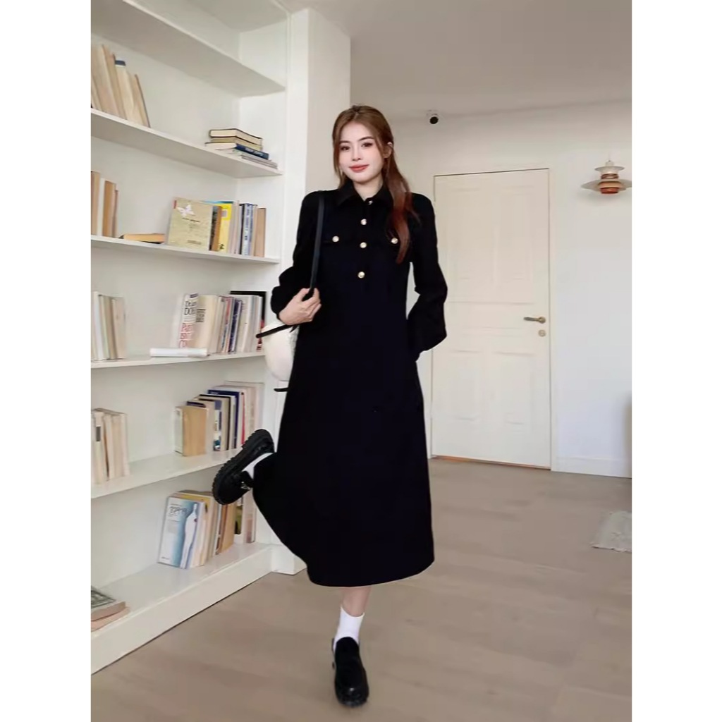 Váy dài tay dáng dài mùa đông cổ polo Tuvada, XẢ 25K đầm dài sang chảnh nhung tăm cúc vàng - VND140 | BigBuy360 - bigbuy360.vn