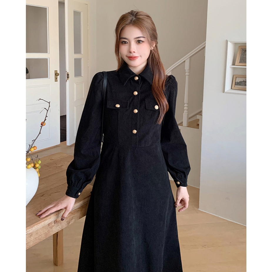 Váy dài tay dáng dài mùa đông cổ polo Tuvada, XẢ 25K đầm dài sang chảnh nhung tăm cúc vàng - VND140 | BigBuy360 - bigbuy360.vn