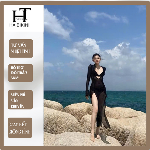Ms 086 Bikini set ba  chi tiet ĐẦM LƯỚI DÁNG DÀI xuyên thấu, áo tay loe mềm mỏng HÀ BIKINI