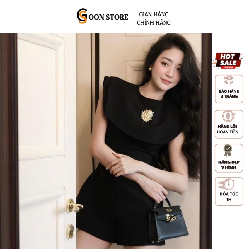 Jumpsuit cổ lá cài charm tròn dáng quần short hiện đại thanh lịch 2 màu Goon Store