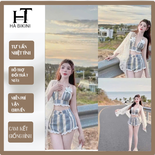 [BKN 063] set Bikini đi biển 3 món KAKI SỌC, bra đính hoa,kèm khăn siêu xinh HÀ Bikini
