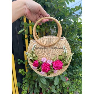  Túi cói QUÀ TẶNG lục bình cao cấp gắn hoa ruy băng phụ kiện chụp hình TẾT đi chơi. 