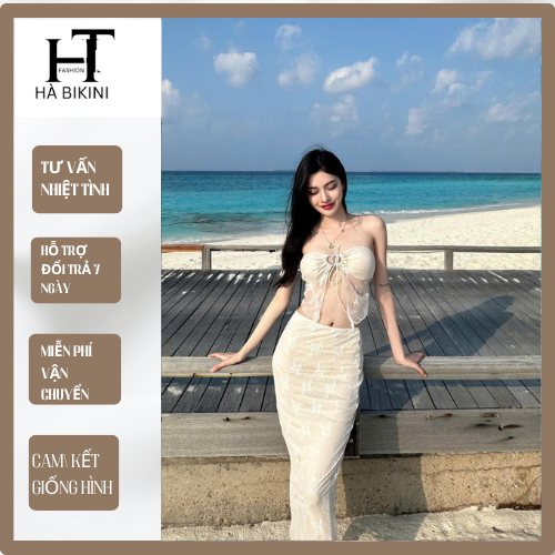 [BKN 062] Bikini đồ đi biển set REN HOA có mút phối váy đuôi cá dài nữ tính HÀ BIKINI | BigBuy360 - bigbuy360.vn