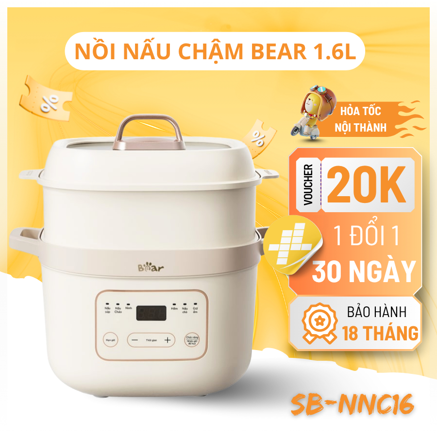 Nồi Nấu Chậm Bear 1.6L chính Hãng Bảo Hành 18 Tháng 6 Chế Độ Phiên Bản Tiếng Việt SB-NNC16