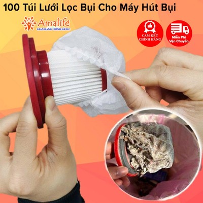 Set 100 Túi Lưới Lọc Bụi Dùng Một Lần Cho Máy Hút Bụi Cầm Tay, Bọc Lõi Lọc, Bọc Tai Nghe Tiện Lợi + Chổi Cọ Hãng Amalife