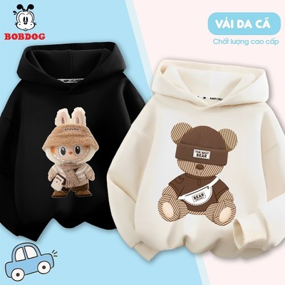 Áo nỉ bé trai BOBDOG, áo hoodie cho bé trai chất liệu da cá ấm áp in hình Labubu, gấu dễ thương