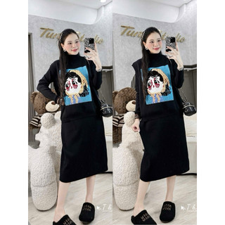 Set váy suông [ Quảng Châu ] chất len mềm co giãn gồm một váy len + ghile len cô gái xanh