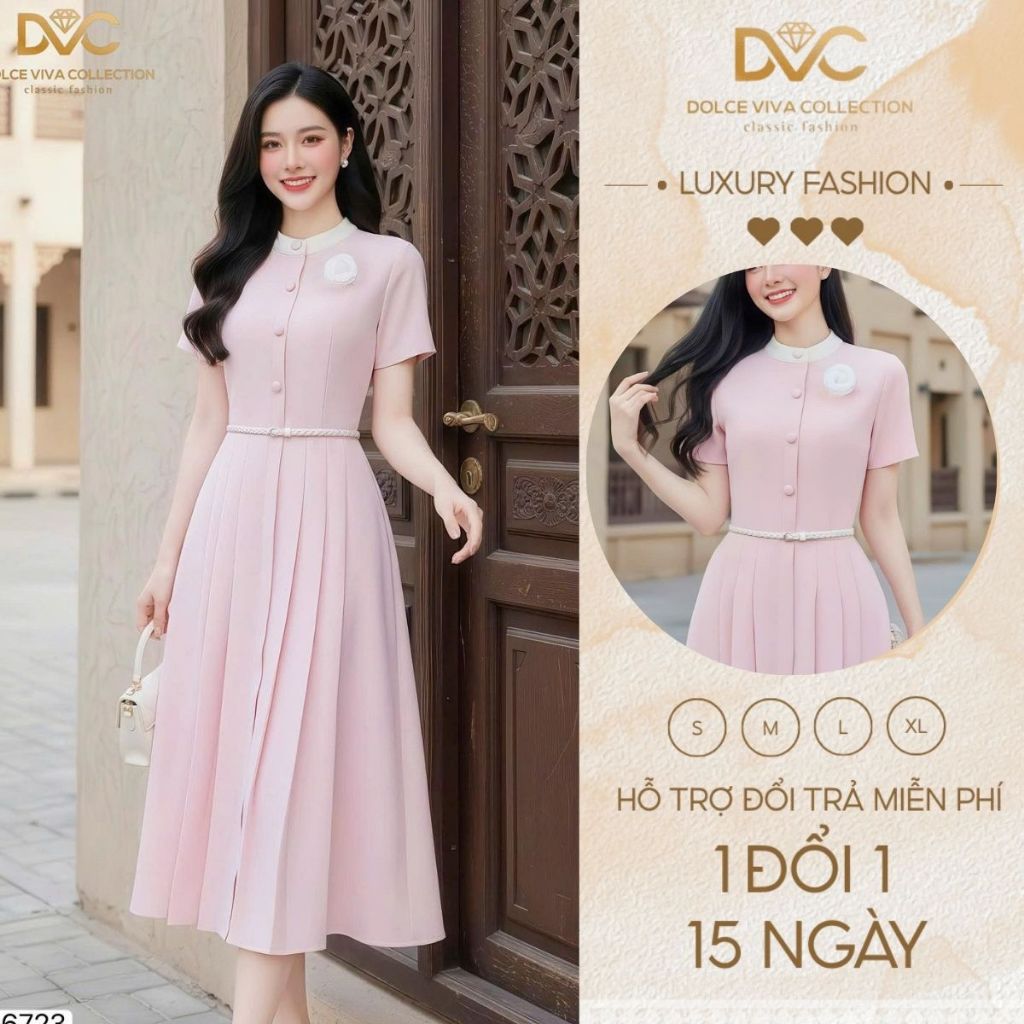[Sẵn hàng]Ds6723 Thiết kế kèm tag cài thủ công, đai, váy hồng xếp ly may kỹ, nét phom tôn dáng - Chu