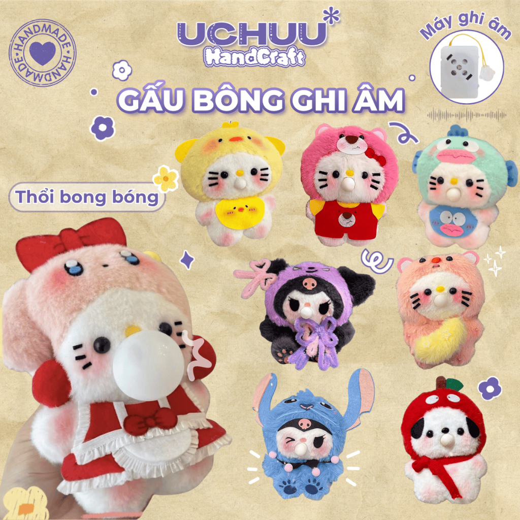 Gấu Bông Ghi Âm UCHUU HANDCRAFT Set DIY Móc Khóa Thổi Bong Bóng Kirby, Kitty, Stitch, Kuromi, Loopy