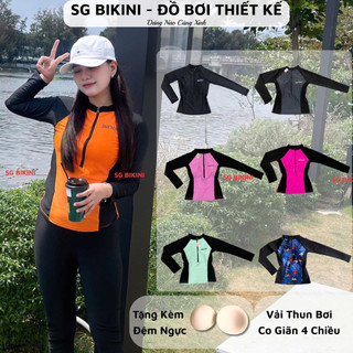  Áo bơi nữ dây kéo tay dài Bikini SG màu trơn chống nắng bảo vệ cơ thể khi đi bơi du lịch biển 