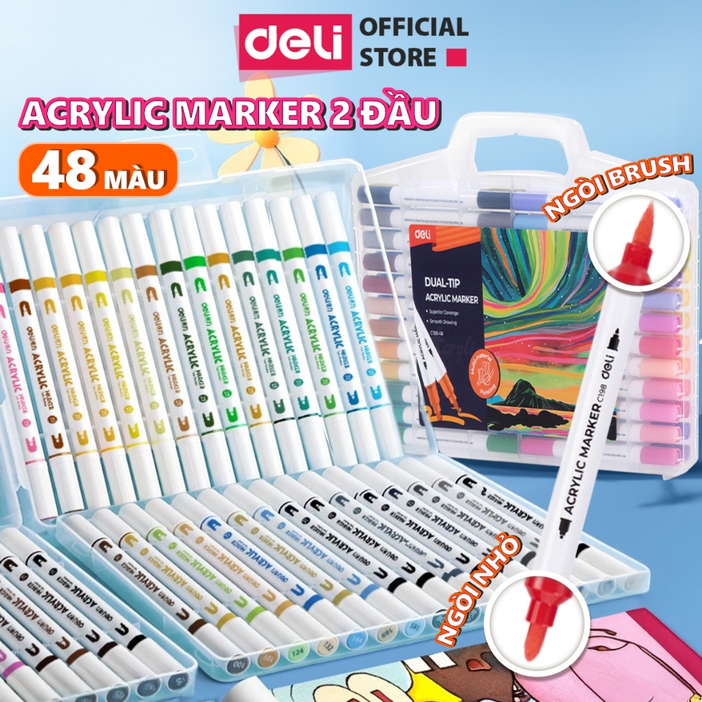 [HỌA CỤ DELI] Bút Sơn Acrylic Marker 2 Đầu Deli- Bút Màu Acrylic Đầu Nhỏ + Brush - Tô Vẽ Mọi Chất Li