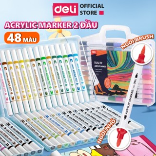   HỌA CỤ DELI  Bút Sơn Acrylic Marker 2 Đầu Deli- Bút Màu Acrylic Đầu Nhỏ + Brush - Tô Vẽ Mọi Chất Liệu Chống Nước 