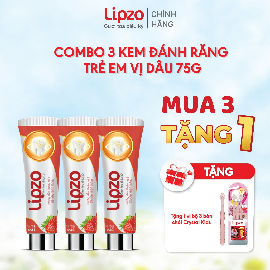 [3 Tặng 1] Kem Đánh Răng Trẻ Em Lipzo Vị Dâu 75g +Tặng Vỉ 3 Bàn Chải Lipzo Crystal Kids Bảo Vệ Răng