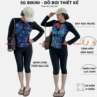  Bộ bơi nữ kín đáo Bikini SG Áo bơi dây kéo phối quần lửng đen chống nắng giữ nhiệt đi bơi đẹp 