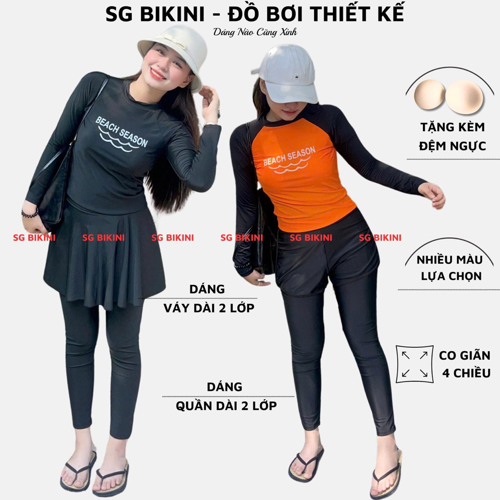 Bộ bơi nữ kín đáo áo bơi tay dài in hình kèm quần dài 2 layer, váy dài 2 layer hiện đại Bikini SG
