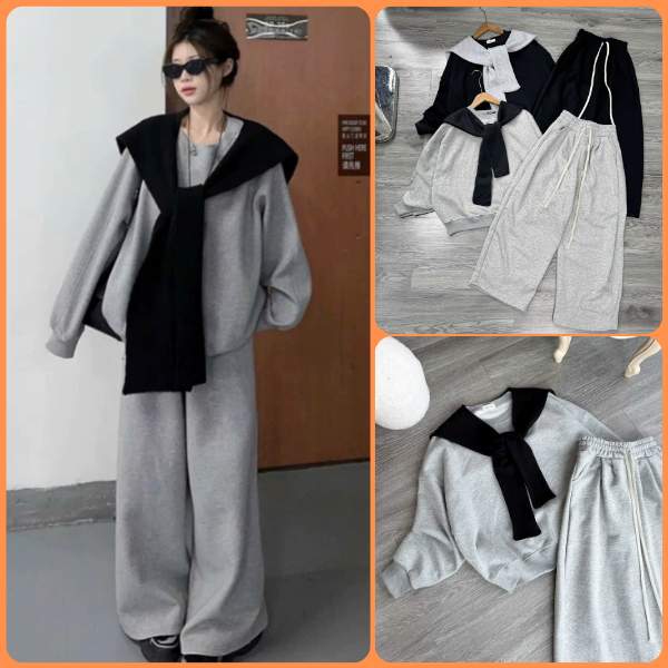 Set DALIN “Urban Cozy” – Bộ nỉ 3 món phối khăn choàng tone đen xám chuẩn local brand Hàn Quốc 🖤🤍