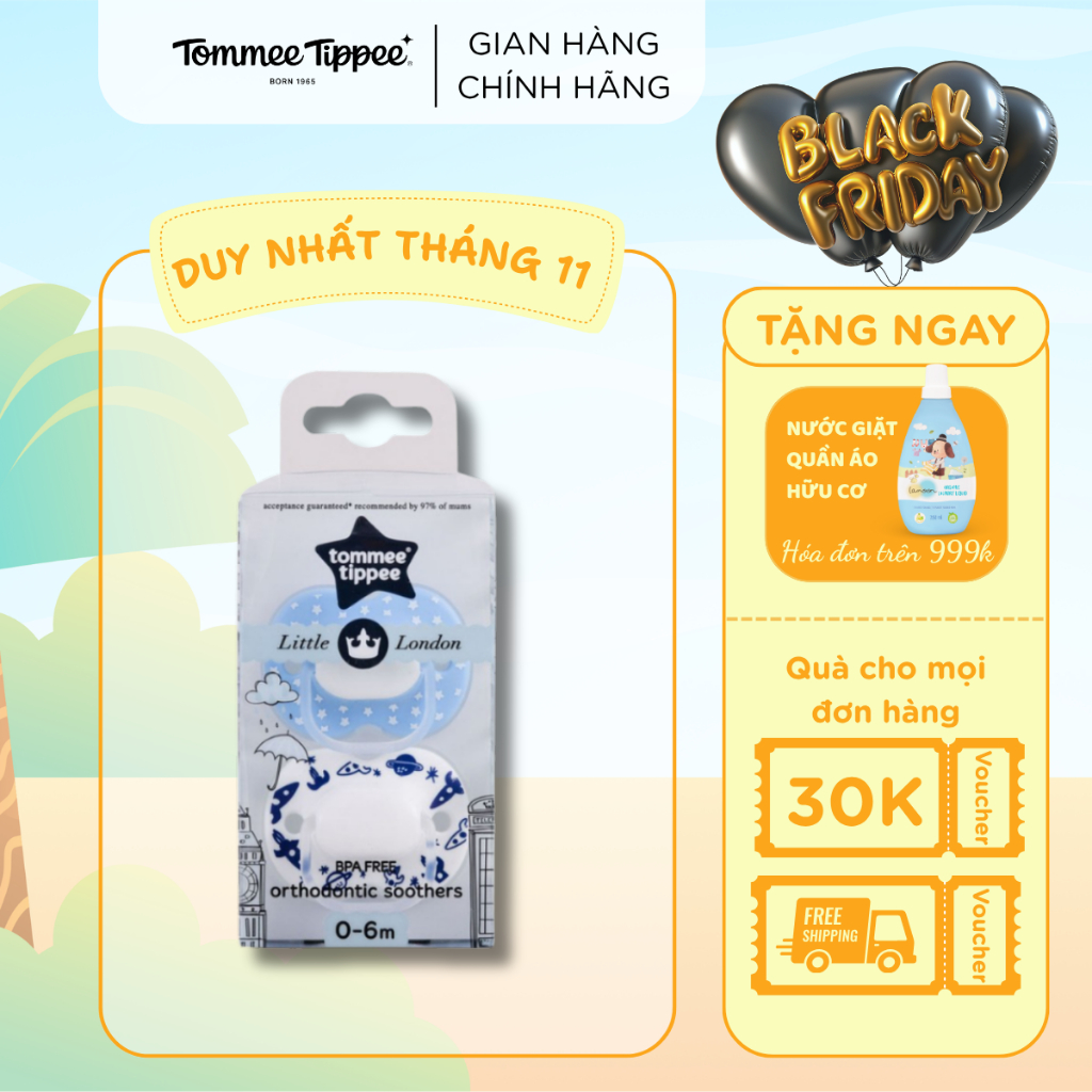 Ty ngậm cho bé Tommee Tippee Little London 0-6 tháng (vỉ đôi) - Xanh