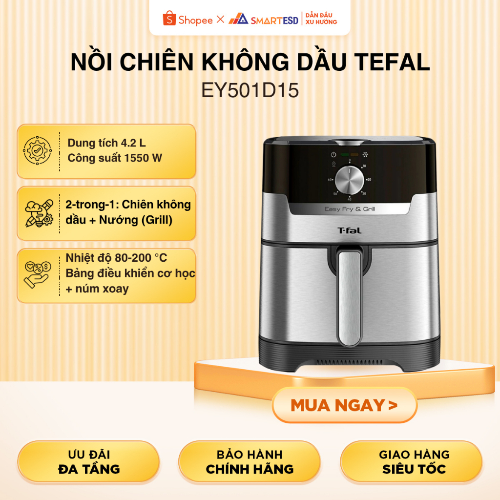 Nồi chiên không dầu Tefal EY501D15, 1400W, dung tích 4.2L - Bảo hành chính hãng 2 năm