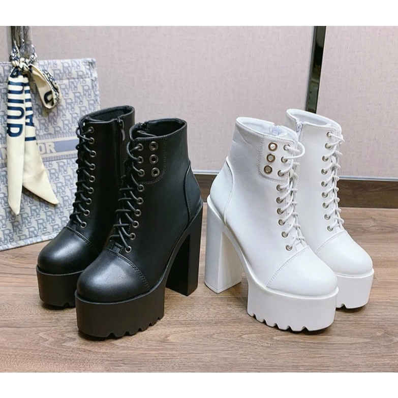 (Mẫu mới về) Combat boot dance/ Giày boot cổ ngắn gót vuông 14cm tăng chiều cao màu đen, trắng BNCN6