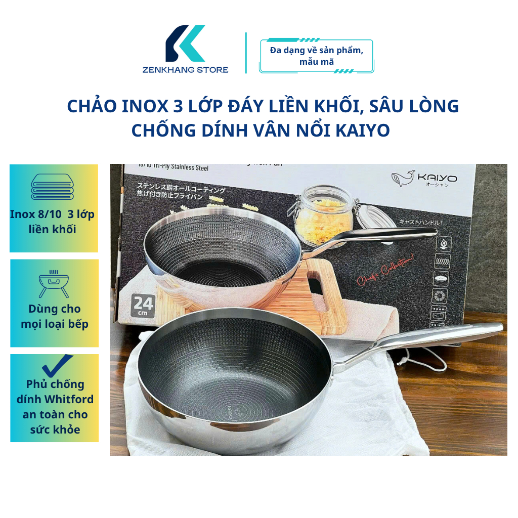 Chảo Inox Chống Dính Hoa Văn Nổi, Inox 304 (18/10) ,3 Lớp Nguyên Khối 24/26cm KAIYO, Chảo Sâu Lòng C