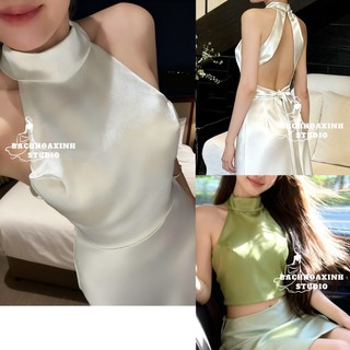  Áo yếm lụa cổ cao hở lưng buộc nơ phi lụa cao cấp freesize sang chảnh 