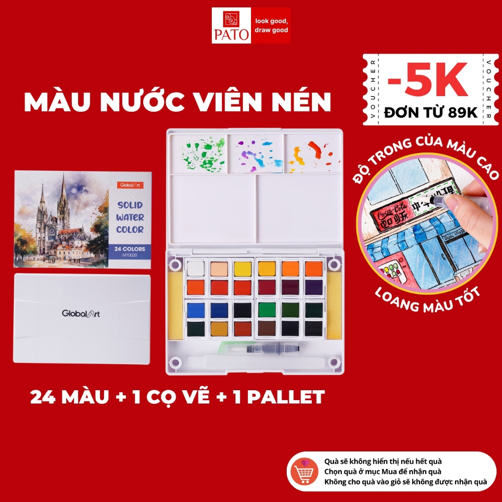 Màu Nước Dạng Nén Cao Cấp GLOBAL ART Màu Nước 24/36 Màu, Loang Màu Tốt, Kèm Bút Vẽ, Chuyên Nghiệp
