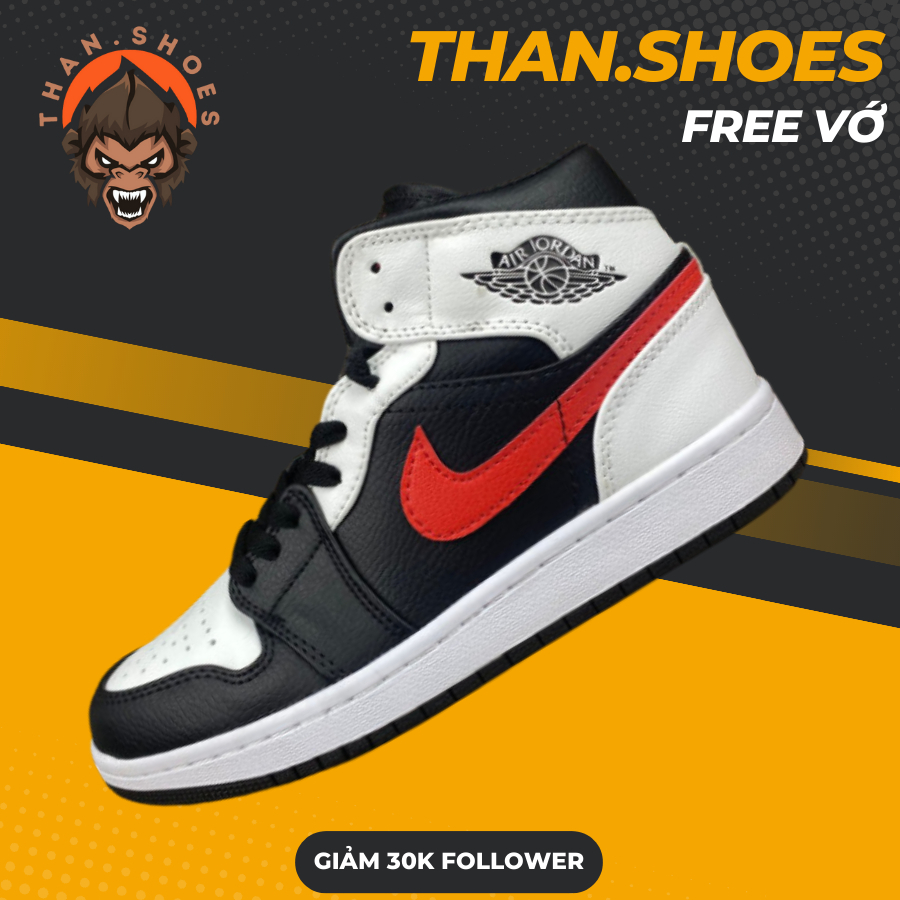 Giày Sneaker JD1 High Chile Red, JD1 Cổ Cao Đen Trắng Móc Đỏ - Than.Shoes