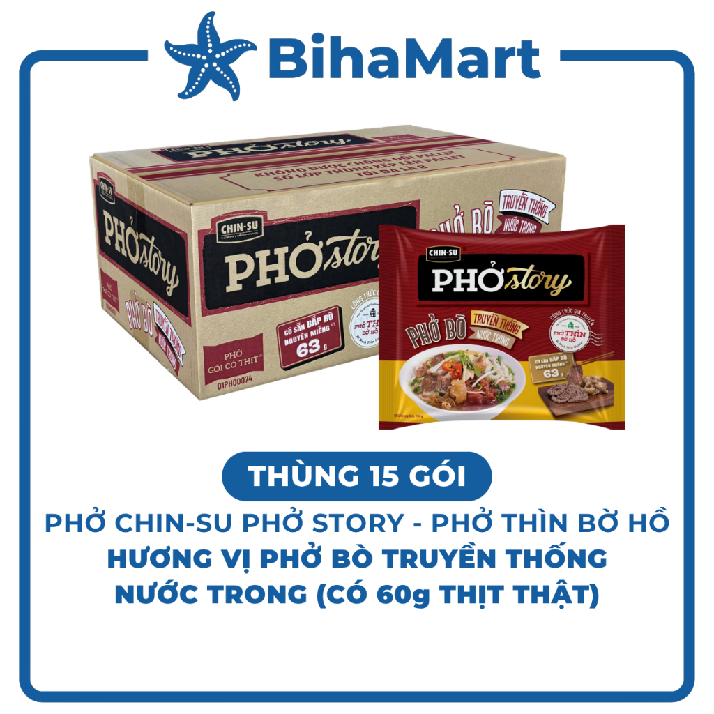 [THÙNG 15 GÓI] - MASAN - Chinsu Phở Story GÓI 131g (CÓ THỊT THẬT), Phở Thìn bờ hồ ăn liền, Phở bò tr
