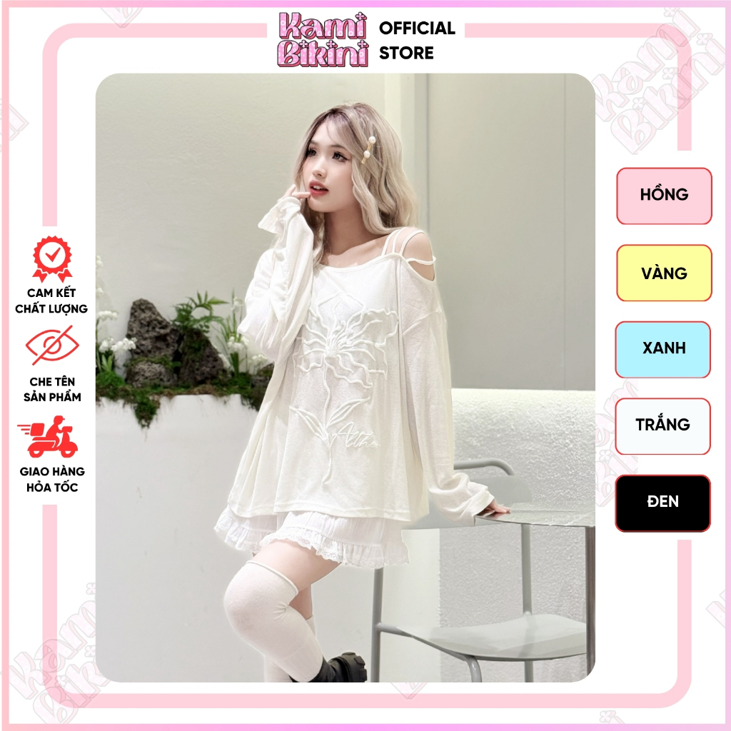 Áo thun nữ dài tay dáng rộng trễ vai hình in hoa dễ thương - AT03 | BigBuy360 - bigbuy360.vn