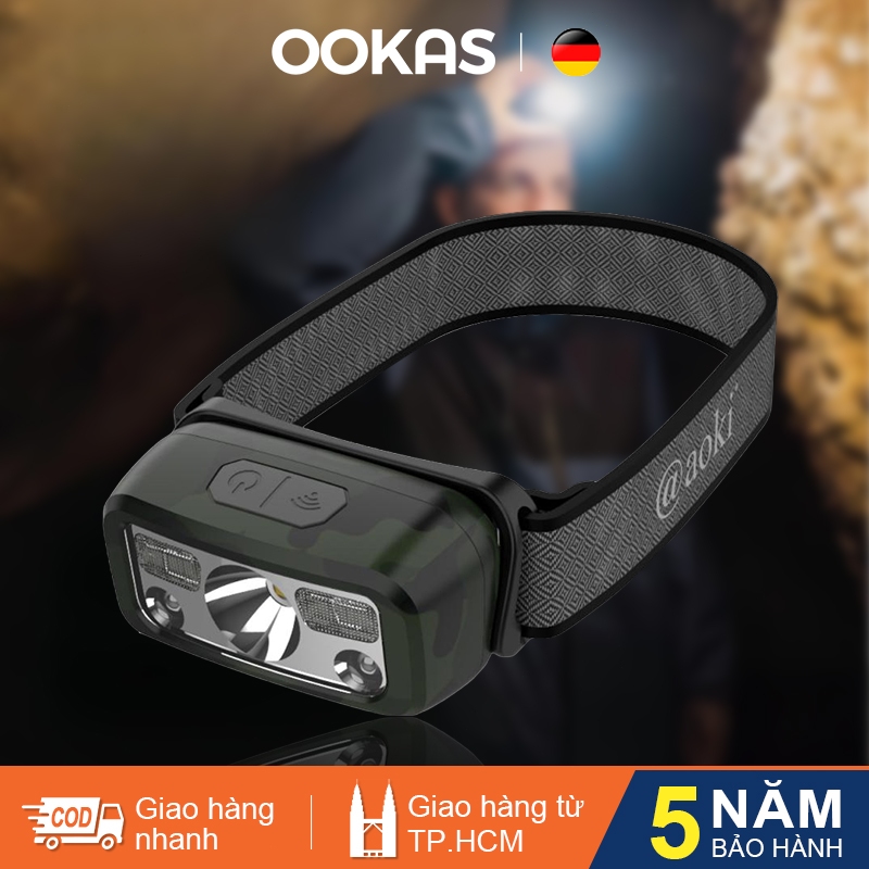 OOKAS Đèn pin đội đầu siêu sáng cảm biến bằng tay, Đèn Pin Đeo Đầu Cho Câu Cá, Cắm Trại Và Đi Xe đạp