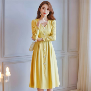 Đầm midi vàng xếp li tay dài, váy dạo phố, váy tết (kèm hình thật)
