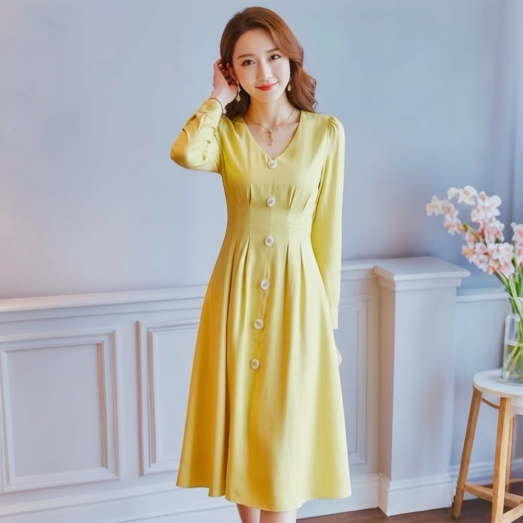 Đầm midi vàng xếp li tay dài, váy dạo phố, váy tết (kèm hình thật)