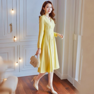 Đầm midi vàng xếp li tay dài, váy dạo phố, váy tết (kèm hình thật)